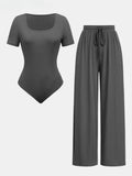 Lilideco cross-border ladies summer 2024 round neck short-sleeved jumpsuit & elastic waist wide-leg trousers casual two-piece suit