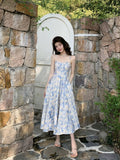 Lilideco-Blue Oil Painting Seaside Vacation Sling Long Dress