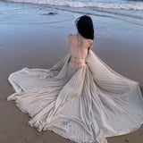 Lilideco-Photography Beach Dress Sexy Halter Pleated Dress Fancy Open Back Fairy Long Dress Large Swing Elegant Dress