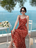 Lilideco-Lady Beach Red Floral Skirt V-neck Strap Dress Women's Summer Fancy Long Dress Seaside Holiday Beach Dress