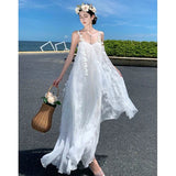 Lilideco-Beautiful White Mesh Fairy Seaside Holiday Beach Dress