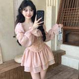 Lilideco aquatic dress to impress Lace Puff Sleeve Long Sleeve Square Collar Shirt Top Women's Autumn Chic Sweet Spicy Suit Skirt Two-Piece Set