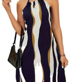 Lilideco lace-up Bohemian printed sleeveless women's mid-length dress blue navy blue ginger yellow