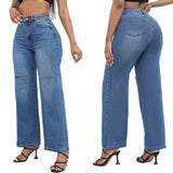 Lilideco 2024 Temperamental Ripped Denim Wide-leg Jeans Women