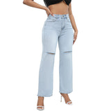 Lilideco 2024 Temperamental Ripped Denim Wide-leg Jeans Women