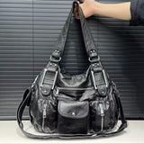 2000s fashion Women's Fashion Vintage Lychee Pattern Tote Bag Large Capacity Washed Distressed Shoulder Messenger Bag