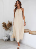 Lilideco  new 2024  woven casual style design large backless seaside holiday halter neck dress