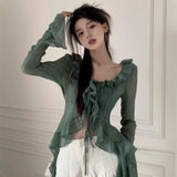 Lilideco Japanese Y2k Lace Shirt Vintage 2000s Style Ruffles Blouses Grunge Aesthetics Irregular Green Shirts Retro 90s Sexy Cardigan