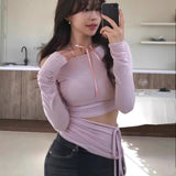 Lilideco Korean Fashion Slim Waist Hollow Out T-shirts Sexy Off Shoulder Halter Tops Women Y2k E-Girl Long Sleeve Pink Tee Shirt