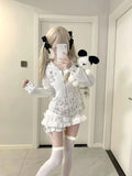 Lilideco Sweet Cute Rabbit Ear Hooded Lace Long Sleve Sweatshirts Jacket+ Y2k High Waist White Cake Skirts Fashion New Two Piece Sets