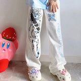 Lilideco Y2K Anime Print White Pants Women Harajuku Manga Subculture Wide Leg Trousers Japanese Style Kawaii Cartoon Sweatpants