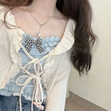 Lilideco Kawaii Candy Color Crop Top Women Japanese Lolita Sweet Tank  Boe Ruffle Short Tee Shirt All Match Cute s 2024