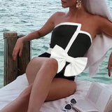 Lilideco 2024 Black & White Spliced Swimsuit Women'S Elegant Tube Top Bow Belt Bikini Irregular Hip Beach Skirt Vintage Pool Swimwear