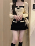 Lilideco Elegant Sweet Square Collar Bow Long Sleeve Tops Women+ Y2k E-Girl High Waist Bodycon 2024 Spring New Skirts Two Piece Sets