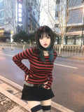 Lilideco Red Striped Pullovers Gothic Y2k Clothes Emo Girls Long Sleeve Asymmetrical Harajuku Slim Kawaii Retro Pull Femme Sweaters Chic