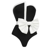 Lilideco 2024 Black & White Spliced Swimsuit Women'S Elegant Tube Top Bow Belt Bikini Irregular Hip Beach Skirt Vintage Pool Swimwear