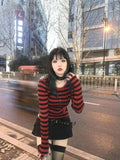 Lilideco Red Striped Pullovers Gothic Y2k Clothes Emo Girls Long Sleeve Asymmetrical Harajuku Slim Kawaii Retro Pull Femme Sweaters Chic