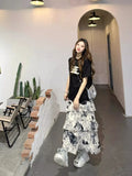 Lilideco Fashion Sweet Ink Printed Skirt for Women Y2k Irregular High Waist Faldas Mujer 2025 Early Autumn New Mid-length Skirts