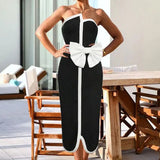 Lilideco 2024 Black & White Spliced Swimsuit Women'S Elegant Tube Top Bow Belt Bikini Irregular Hip Beach Skirt Vintage Pool Swimwear