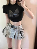 Lilideco American Printed Pleated Skirts 2024 Autumn New Low Waisted A-line Skirt for Women Y2k Grunge Faldas Mujer Newspaper