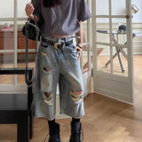 Lilideco Oversize Vintage Washed Hole Denim Shorts Y2k E-Girl High Waist Loose Wide Leg Jeans 2024 New Straight Calf-Length Pants