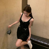 Lilideco Heavy Sequin Sexy Strap Dresses Spring New Slim Fit Bodycon Dress for Women Y2k Fairycore Sleeveless Black Vestidos Mujer