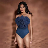 Lilideco 2024 New Off Shoulder 3D Flower denim printed One piece Swimsuit set Shiny Women Swimwear Beachwear bikinis bathingsuit