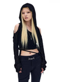 Lilideco Long Sleeve Hooded T-shirts Off Shoulder Sexy Harajuku Tshirts Women Y2k Aesthetic Grunge Streetwear Crop Top Thin Cardigan