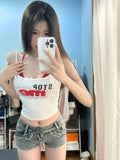 Lilideco American Sexy Print Vest for Women Fashion Slim Fit White Tank Top+ Red Halter Bottoming Camis 2024 Summe New Two Piece Sets