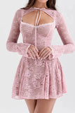 Lilideco Spring Outfits Homecoming Dress  A-Line Mini Dress with O-Neck, High Waist, Long Sleeves, and Lace-Up Detail