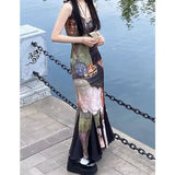 Lilideco Spring Summer New V-neck Fish Tail Dress for Women  Chinese Style Print Strap Dresses Y2k E-Girl Mid-length Vestidos Mujer