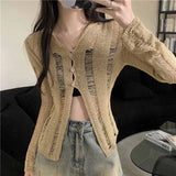 Lilideco Elegant Vintage Hole Hollow Out Cardigans Y2k E-Girl Slim Fit Knitted Tops Women 2025 New Sleeve Sun Protection Coat Sweater