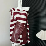 Lilideco Oversize Skew Collar Off Shoulder Striped T-shirts+ Y2k Slim Waist Leather Skirts 2024 Early Autumn New Two Piece Sets