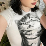 Lilideco Street Cute Cat Print O-neck Short Sleeve Tops Mujer 2024 Summer New T-shirt for Women Y2k Slim Fit White Blusas