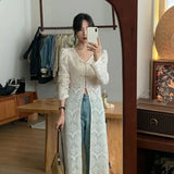 Lilideco New Chinese Style V-neck Split Tops Women 2025 Summer Slim Fit Hollow Out White Cardigan Y2k E-Girl Long Sleeve Blusas Mujer