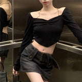 Lilideco Sweet Sexy Backless Chains Halter Tops Mujer 2024 Early Autumn New Black T-shirt for Women Y2k Slim Fit Long Sleeve Tee Shirt