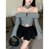 Lilideco Elegant Fashion Striped Shirts Women Sexy Crop Top Slim Fit Blouses Y2k Grunge Off Shoulder Long Sleeve  Blusas Mujer