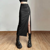 Lilideco New Chinese Style Retro Buckle Black Skirts Y2k Sexy Slim Fit Bodycon Split Skirt for Women Spring  Ruched Faldas Mujer