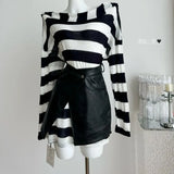 Lilideco Oversize Skew Collar Off Shoulder Striped T-shirts+ Y2k Slim Waist Leather Skirts 2024 Early Autumn New Two Piece Sets