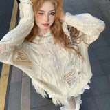 Lilideco Fashion Street Hole Hollow Out Thin Pullovers Spring Summer See Through Knitted Tops Women Y2k Long Sleeve Loose Sweaters