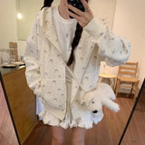 Lilideco Casual Sweet Floral Print Hooded Sweatshirts Early Autumn New Loose Cardigan Coat Women Y2k Long Sleeve Zipper Tops Mujer