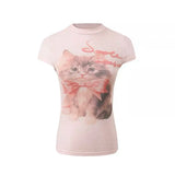 Lilideco Fashion Sweet Cute Cat Print O-neck Pink T-shirts Y2k Grunge Slim Fit Tops Women 2024 Summer New Short Sleeve Tee Shirt