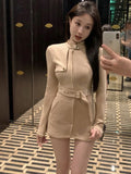 Lilideco Fashion Vintage Stand Collarlong Sleeve Jackets Y2k E-Girl Slim Waist Zipper Coat Women 2025 New Mid-length Cardigan Tops Dress