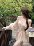 Lilideco Sweet Bubble Sleeve Two Piece Set Women Off Shoulder Blouse Hollow Out Elegant Shirts Loose High Waist Shorts Summer Suits