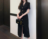 Lilideco  2024 Spring and Summer outfitFrench Elegant Suit Collar Midi Dresses for Women Summer New Vintage Fashion High Waist Short Sleeves Black Female Clothing