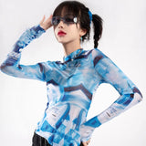 Lilideco Cyberpunk Ice Silk Sun Protection Mesh T-shirt for Women 2024 Summer New Blue Tie Dye Tee Shirt Y2k E-Girl Long Sleeve Tops