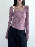 Lilideco Gentle Pink Purple Vintage Stripes O-neck T-shirts Summer Slim Fit Tops Women Y2k Grunge Long Sleeve Bottoming Tee Shirt