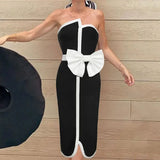 Lilideco 2024 Black & White Spliced Swimsuit Women'S Elegant Tube Top Bow Belt Bikini Irregular Hip Beach Skirt Vintage Pool Swimwear