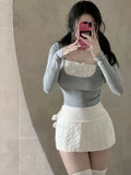 Lilideco Fake Two Piece Long Sleeve Slim Fit Bow Tops Women+ Y2k Grunge High Waist Bodycon Skirts Spring New Knitted   Sets