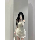 Lilideco Fashion Sweet Off Shoulder Slim Fit Mesh Tops Women+ Y2k E-Girl High Waist Ruched Cake Skirts 2025 Summer New Two Piece Sets